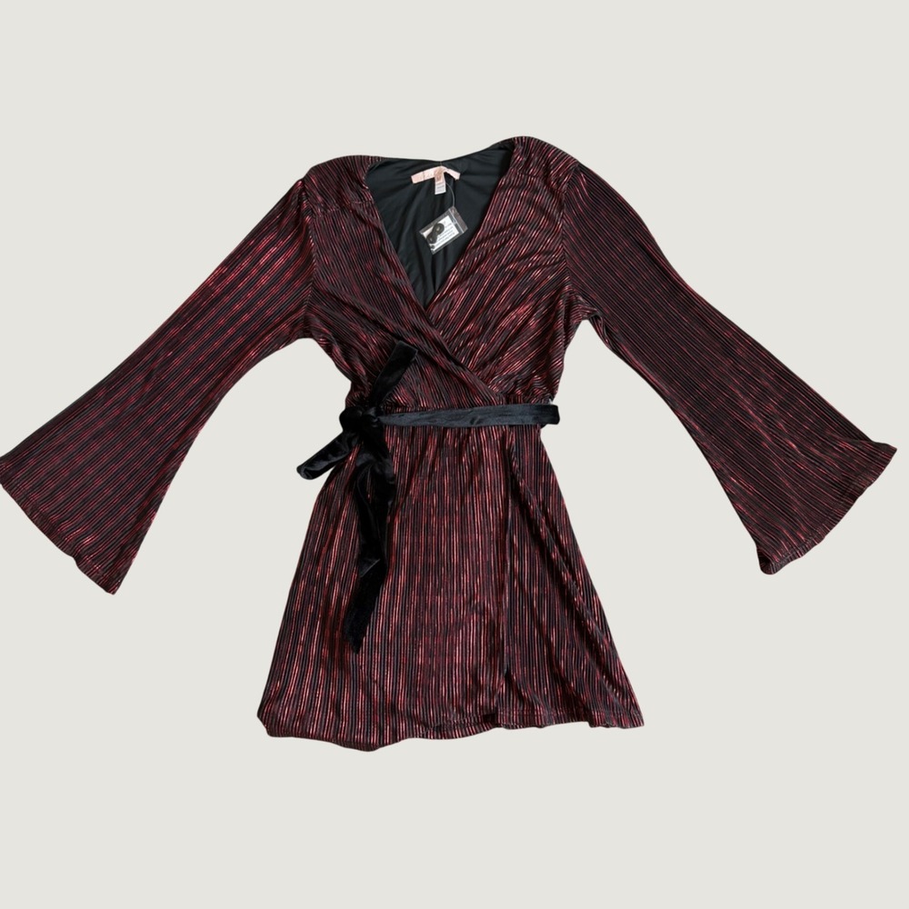Hutch Cathrine Mini Wrap Dress M Red Foil Plissé Bell Sleeve Black Metallic NWT